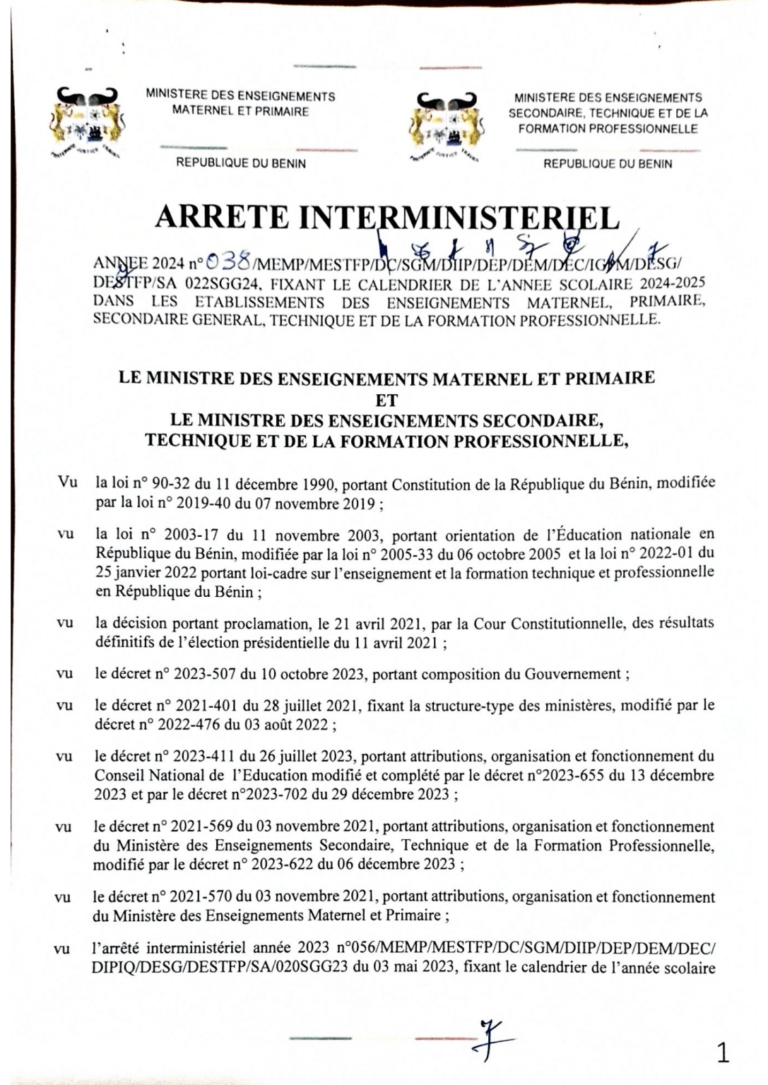Bénin : voici l'intégralité du calendrier scolaire 2024-2025 - Benin News